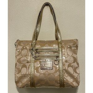 ✨COACH VTG POPPY Special Edition Signature Sequin Tote Bag Gold Cream RARE✨